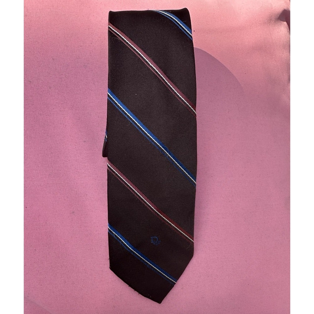 Vintage Christian Dior Brown Striped Tie Made in USA Logo Silk Blend